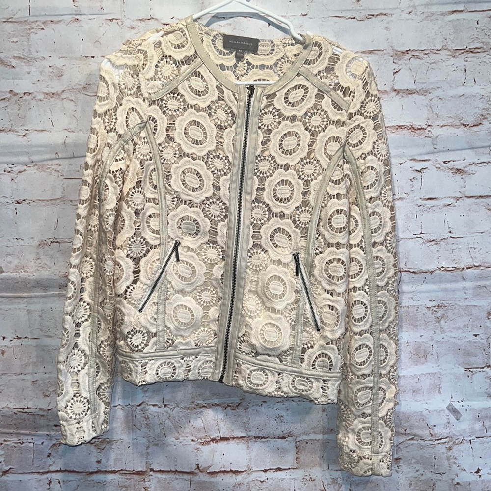 Neiman Marcus XS Moto Jacket ivory zip front faux leather trim pockets crochet